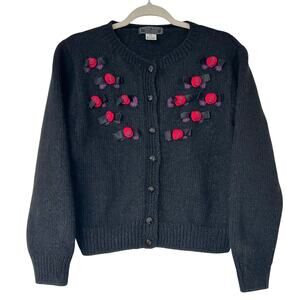 Vintage 90s South Wool Hand Loomed Virgin Wool Cardigan Black Rosette M/L